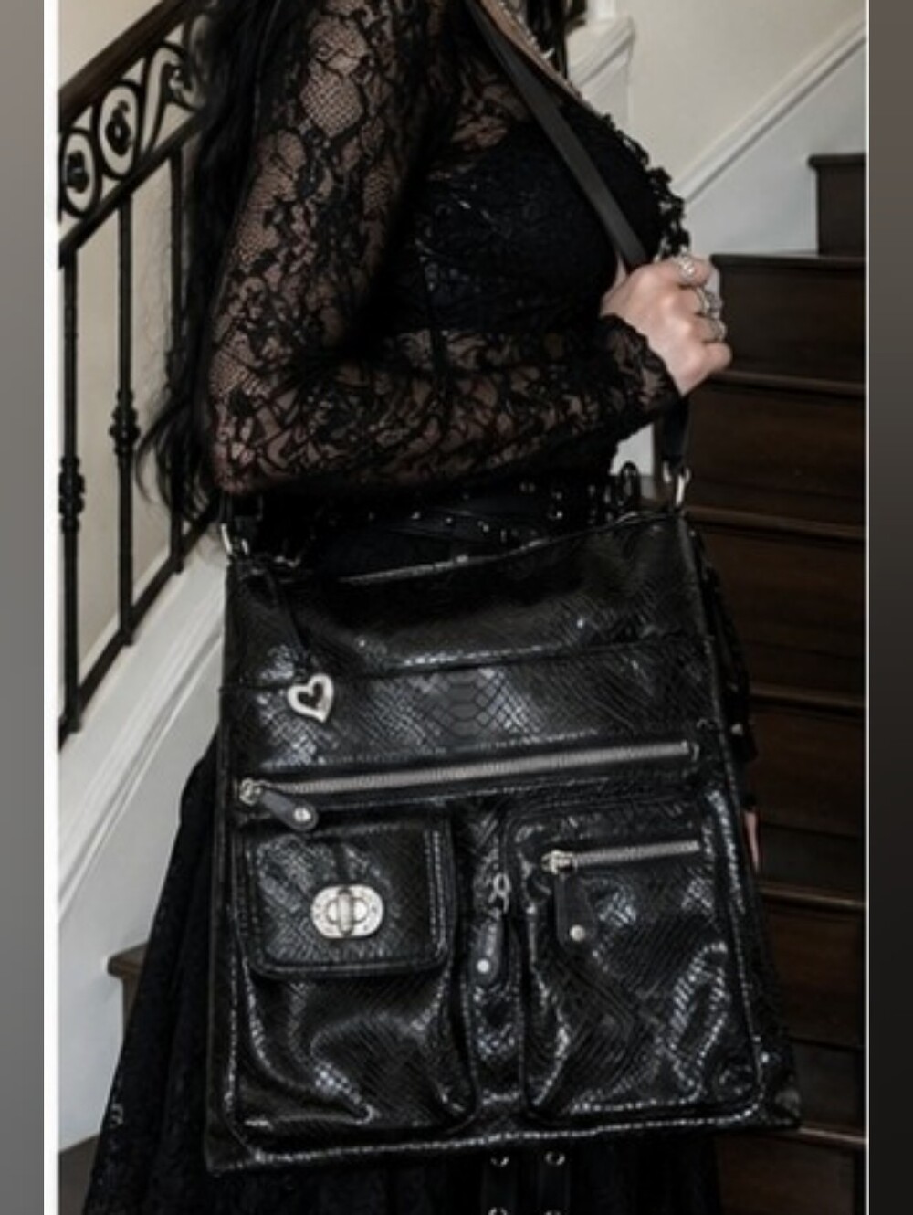 Brighton Black Textured Shoulder Bag with Heart Charm